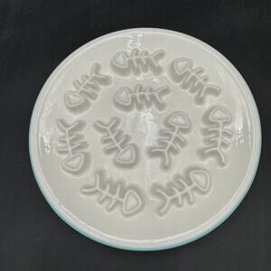 Ceramic Slow Feeder Cat Dog Dish Fish Bones Light Blue Rim